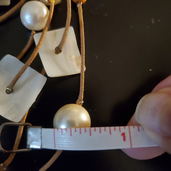 Handmade multi strand choker necklace, pearl & leather, white / cream / gold - Picture 10 of 11